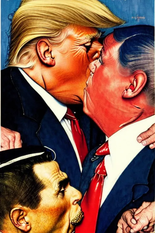 Image similar to norman rockwell painting of gay donald trump kissing a second donald trump