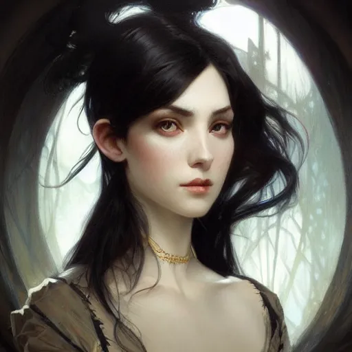 Prompt: a black haired woman with pale skin and dark eyes, intricate, elegant, highly detailed, digital painting, artstation, concept art, smooth, sharp focus, illustration, art by artgerm and greg rutkowski and alphonse mucha