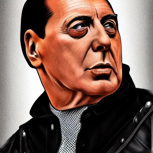 Image similar to digital artwork of [Silvio Berlusconi] wearing technological large steel collar, choker on neck, cyberpunk art style, 4K, portrait, punk hairstyle,