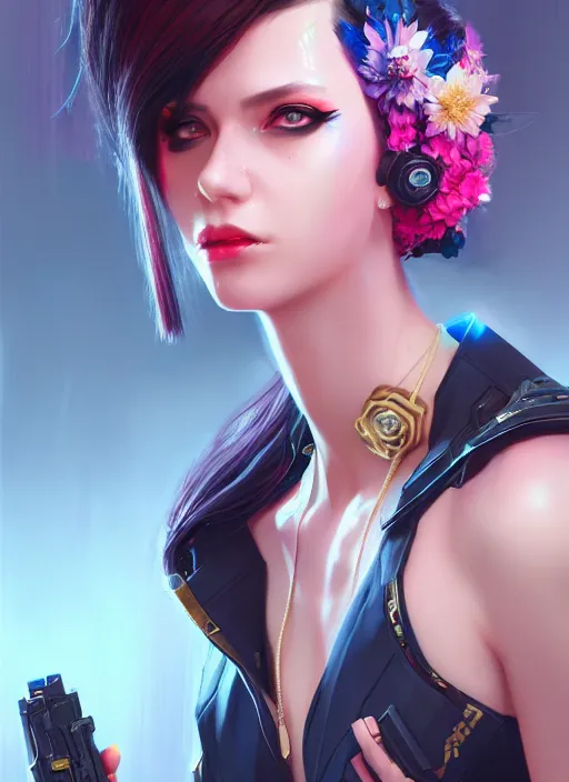 Prompt: cyberpunk lady in mafia, wide angle view, flowers, blue black pink, gold, diamonds, highly detailed, artgerm, cushart krenz, artstation, soft light, sharp focus, illustration, character design, concept art