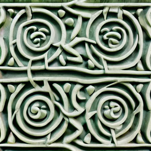 Image similar to thin lines, fractals, lichen macro, serpentine twisty maze, carved soapstone ceiling relief paneling white and pale green, gaudi