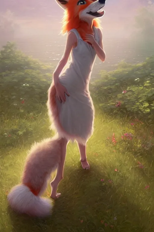 Prompt: an anthropomorphic fox girl wearing a simple sundress, she has a fluffy tail and two pointed ears, beautiful lake background, illustration by greg rutkowski, thomas kindkade, loish, artstation, furaffinity, deviantart