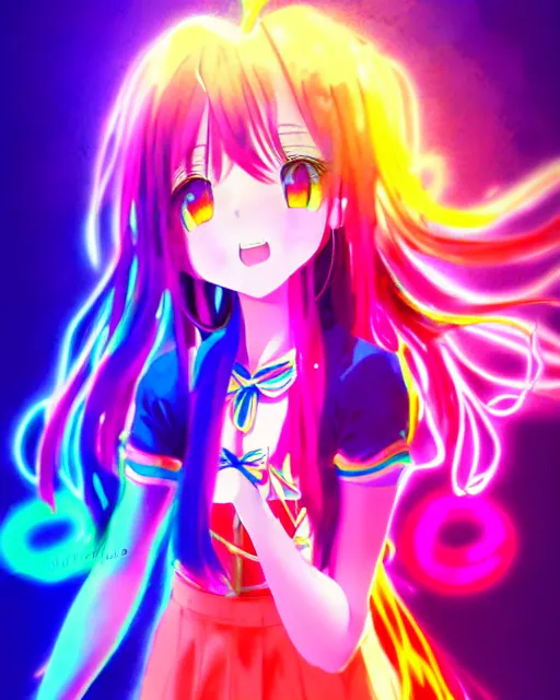 Image similar to anime style, vivid, expressive, full body, 4 k, painting, a cute magical girl idol with a long wavy colorful hair wearing a colorful dress, correct proportions, stunning, realistic light and shadow effects, neon lights, studio ghibly makoto shinkai yuji yamaguchi