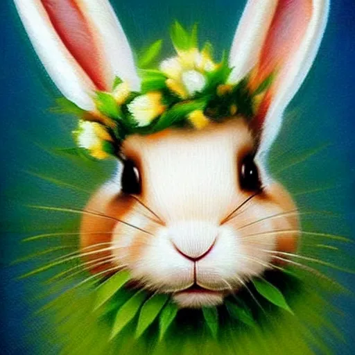 Prompt: The rabbit in the picture looks cute and playful. It has big, fluffy ears and a long, furry tail. Its fur is a light brown color, and its eyes are a bright blue. The background of the picture is a gentle green, and there are flowers blooming around the rabbit. The rabbit wears a floral crown. painted by Gabriel Dawe