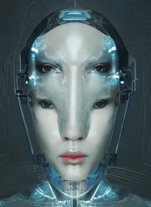 Image similar to portrait of a futuristic geisha cyborg, made from million point clouds, in the style of ghost in the shell, kintsugi, modern fine art, fractal, intricate, elegant, highly detailed, digital photography, subsurface scattering, by jheronimus bosch and greg rutkowski,