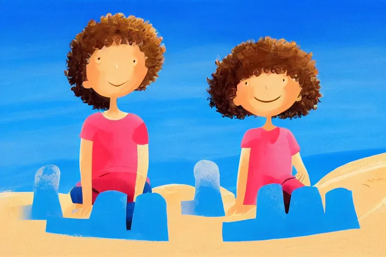 Prompt: Two happy children sitting on the beach making sandcastles, blue sky, HD, illustration by Benji Davies