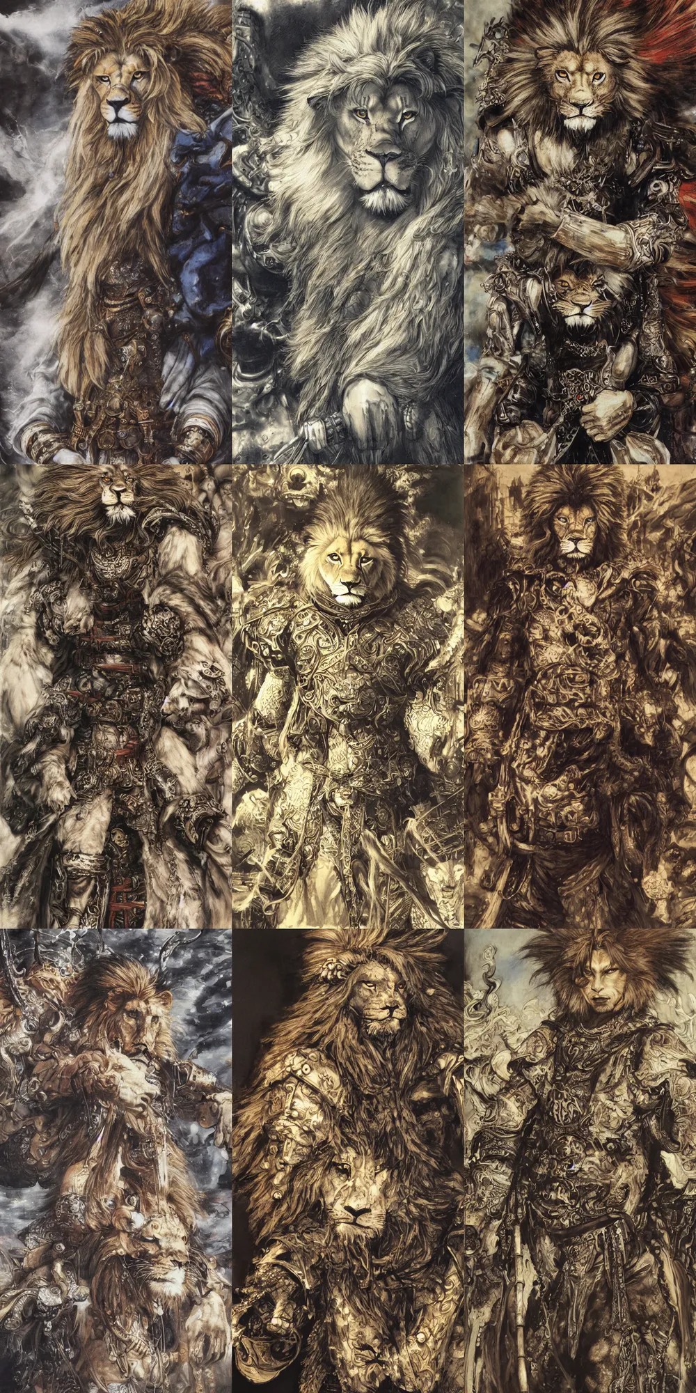 Image similar to 8 k yoshitaka amano painting of upper body of a young cool looking lion beastman with white mane at a medieval market at windy day. depth of field. he is wearing complex fantasy clothing. he has huge paws. renaissance style lighting.