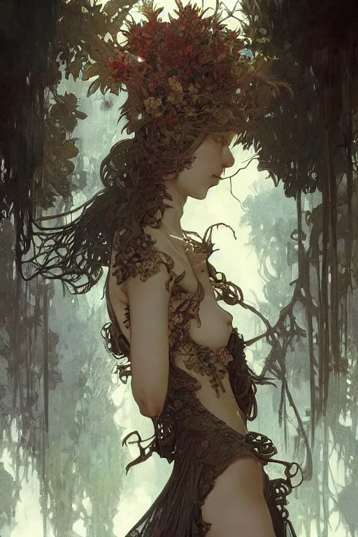 Image similar to beautiful natural coy cottagecore demonic gothic maiden, master drawing, intricate, elegant, highly detailed, digital painting, artstation, concept art, smooth, sharp focus, illustration, art alphonse mucha and james gurney and craig mullins and wlop