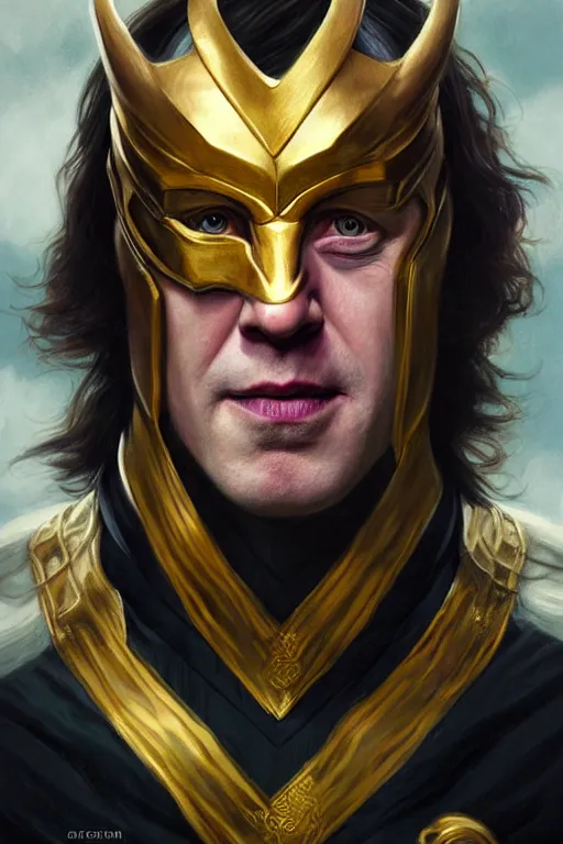 Image similar to Boris Johnson as Loki, realistic portrait, symmetrical, highly detailed, digital painting, artstation, concept art, smooth, sharp focus, illustration, cinematic lighting, art by artgerm and greg rutkowski and alphonse mucha