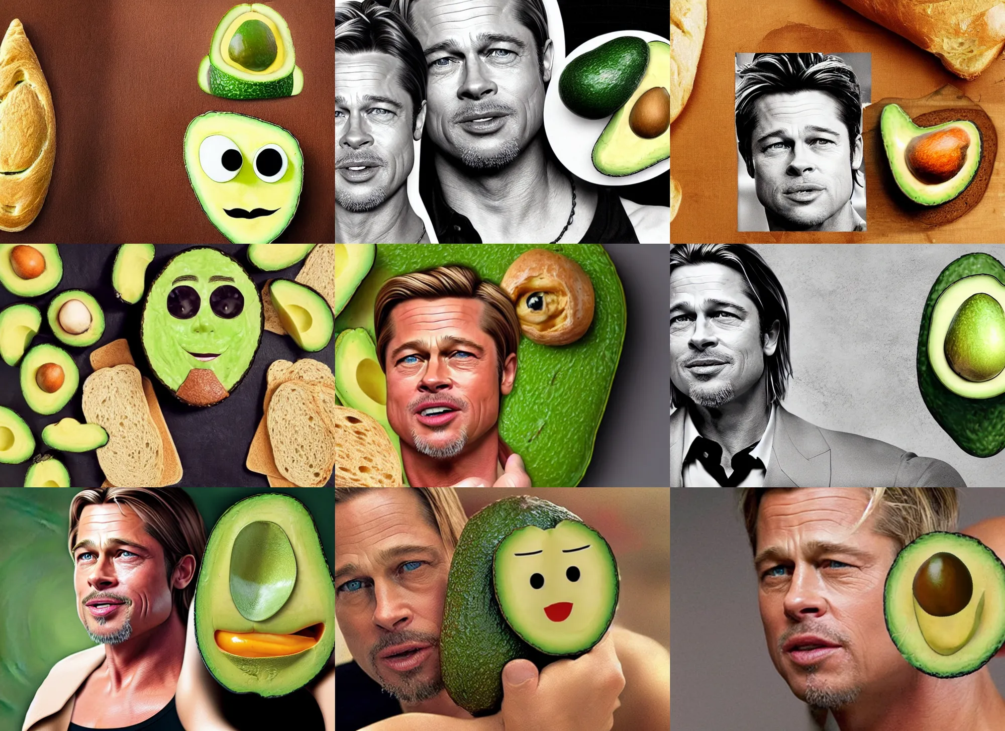 Prompt: the derpy face of brad pitt in the middle of an avocado in the shape of bread