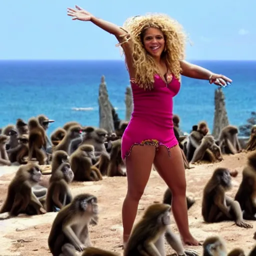 Image similar to Shakira singing for a crowd of monkeys on an island with the ocean in the background