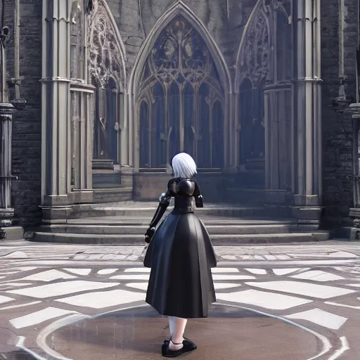 Image similar to 2 b nier automata standing in front of a church, 3 d render, unreal engine, octane render, ray tracing, unity, highly detailed, high quality, hd, 4 k, 8 k, realistic, sharp, trending