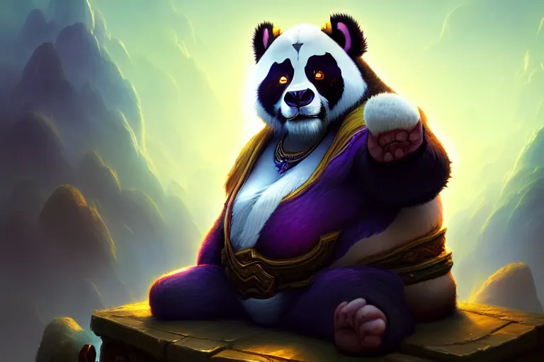 Image similar to [ important ] amazing portrait of a pandaren meditating [ / important ], hearthstone splash art, deiv calviz, splash art, natural light, elegant, intricate, fantasy, atmospheric lighting, by greg rutkowski, hearthstone splash art, hd wallpaper, ultra high details, cinematic composition