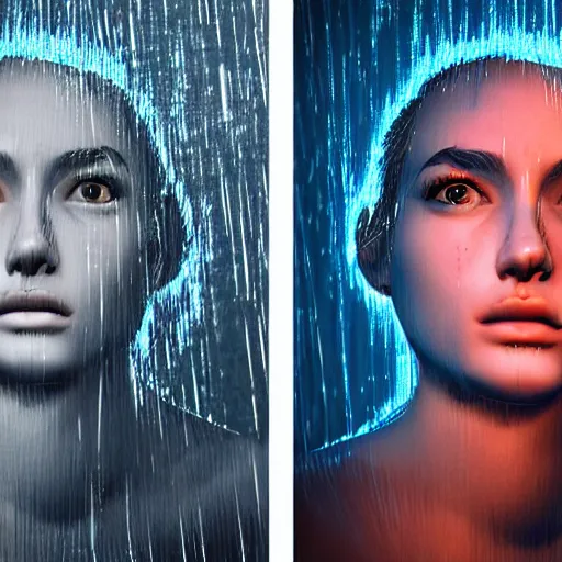 Prompt: realistic portrait made out of rain, neon, lightning, rendered in octane, unreal engine, character art
