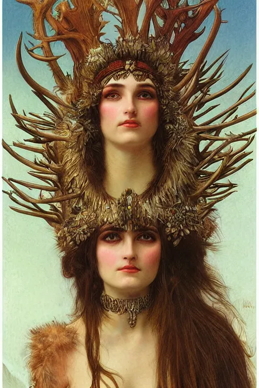 Prompt: a detailed portrait of a green haired brown eyed queen of feathers with an antler crown by wayne barlowe and mucha