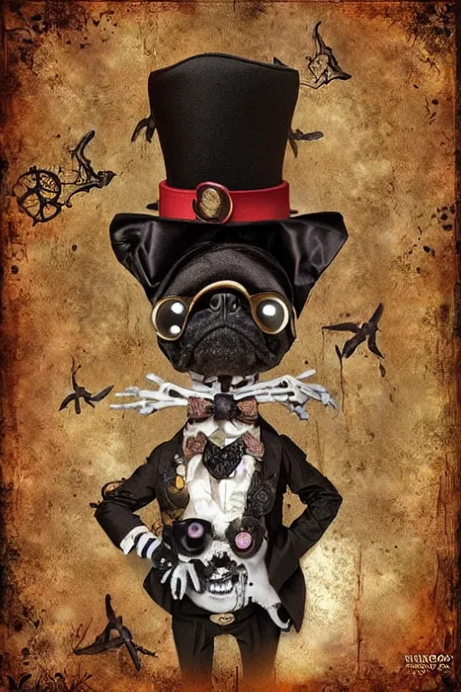 Prompt: voodoo pug, made of bones, wearing a suit, spooky fairytale, magic realism, steampunk, mysterious, vivid colors, by mark ryden, tom bagshaw, trevor brown