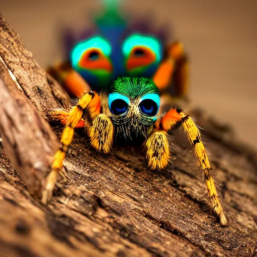 Prompt: a peacock spider on a jarrah log, canon eos r 3, f / 1. 4, iso 2 0 0, 1 / 1 6 0 s, 8 k, raw, unedited, symmetrical balance, in - frame