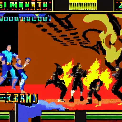 Prompt: mortal kombat match on the pit stage between bing crosby and frank sinatra, 1 6 bit graphics, pixellated, detailed