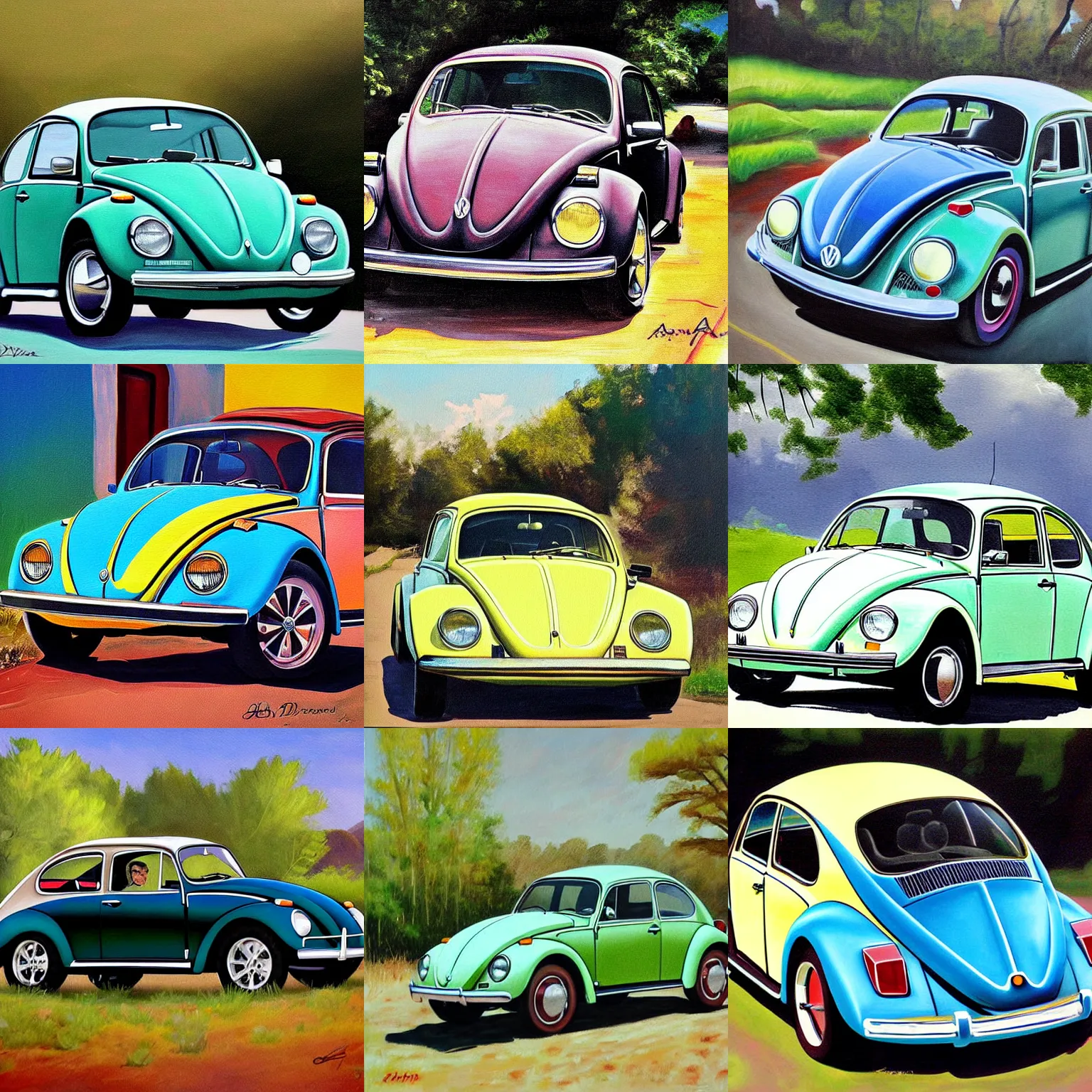 Prompt: painting of a 1970 vw beetle painted by Asher Brown Durand