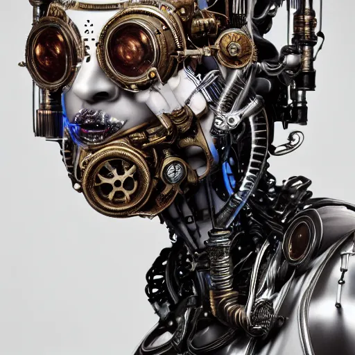 Image similar to a beautiful intricate fine art portrait photo of a mechanical industrial steampunk cybernetic sommelier, by natalie shau and zach sutton, perfection!, studio lighting, 35mm lens, very detailed, ring light in the eyes, bionic, cybernetic scifi, deep depth of field, artstation, 8K, highly coherent