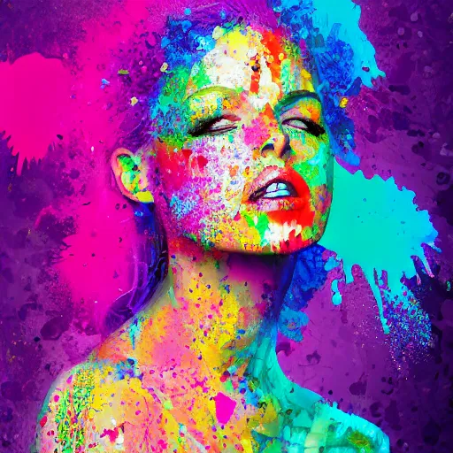Prompt: references for beautiful woman digital art splattered by coloured paint