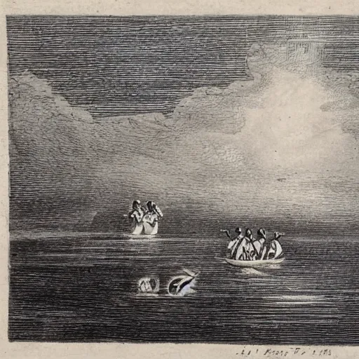 Image similar to baby seals sailing on boat, engraving from 1750