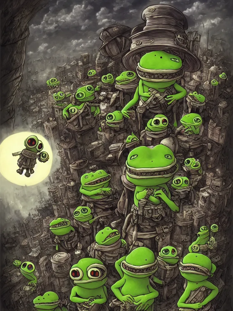 Image similar to resolution 4k worlds of loss and depression made in abyss design pepe the frog fighting in the civil war war , battlefield darkness military drummer boy , desolated city ivory dream like storybooks, fractals , pepe the frog , art in the style of and Oleg Vdovenko and Gustave dore and Akihito Tsukush