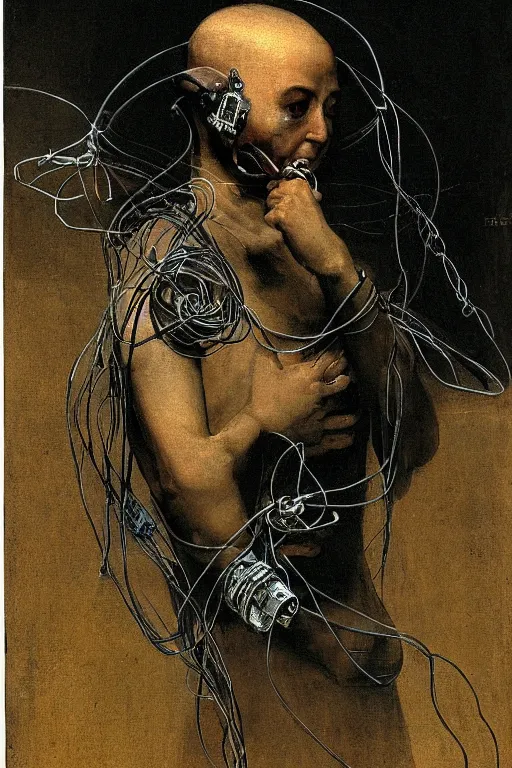 Prompt: a cyborg monk with cables and wires attached to his face by francisco goya