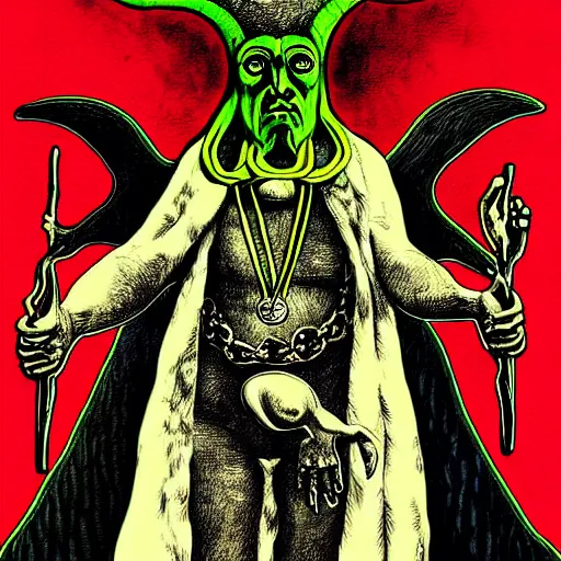 Prompt: graphic illustration, creative design, aleister crowley as baphomet, biopunk, francis bacon, highly detailed, hunter s thompson, mixed media