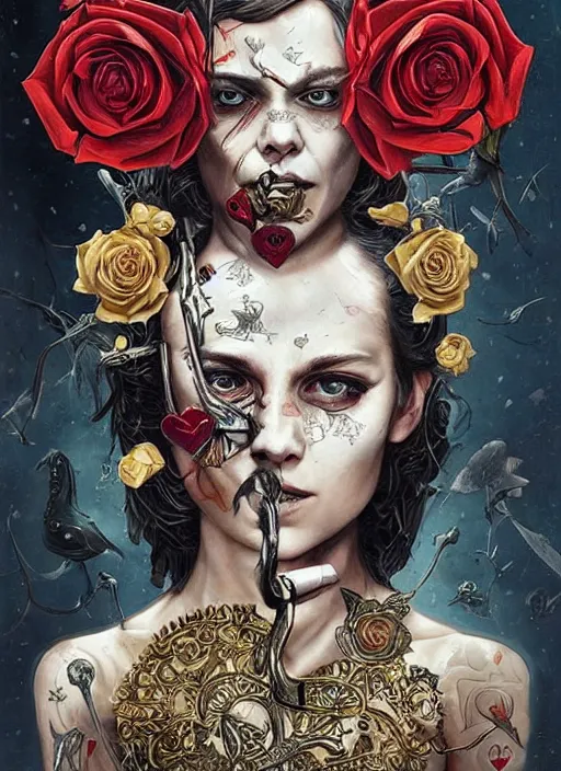 Prompt: tarot card :: horror :: hearts and roses :: gold and silver :: guns and swords :: side profile :: highly details :: intricate details :: Sandra Chevrier and bastien lecouffe deharme