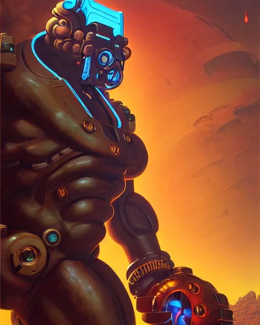 Image similar to doomfist from overwatch, character portrait, portrait, close up, concept art, intricate details, highly detailed, vintage sci - fi poster, retro future, vintage sci - fi art, in the style of chris foss, rodger dean, moebius, michael whelan, and gustave dore