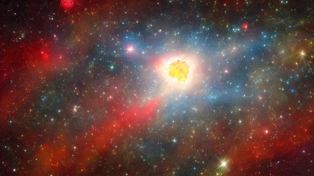 Image similar to Floating out further, Adrift among the stellar. Far beyond return, Surrounded by the red glow Of all solar stars which burn