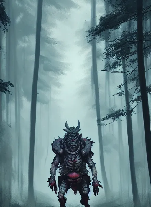 Prompt: giant oni demon in armor, walking, grey forest background, by ismail inceoglu