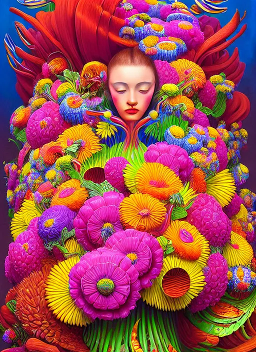 Image similar to hyper detailed illustration like a Oil painting - a vivid exotic flower bouquet, long petals, huge blossoms, by Jacek Yerka, Mariusz Lewandowski, Houdini algorithmic chromatic colors, long brush strokes, Masterpiece, Edward Hopper and James Gilleard, Zdzislaw Beksinski, Mark Ryden, Wolfgang Lettl, hints of Yayoi Kasuma, octane render, 8k