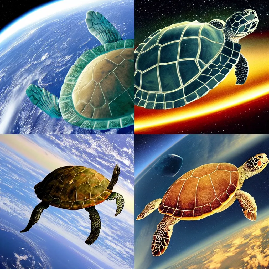 Prompt: flat Earth on the shell of a giant turtle floating in space, photo taken from space,