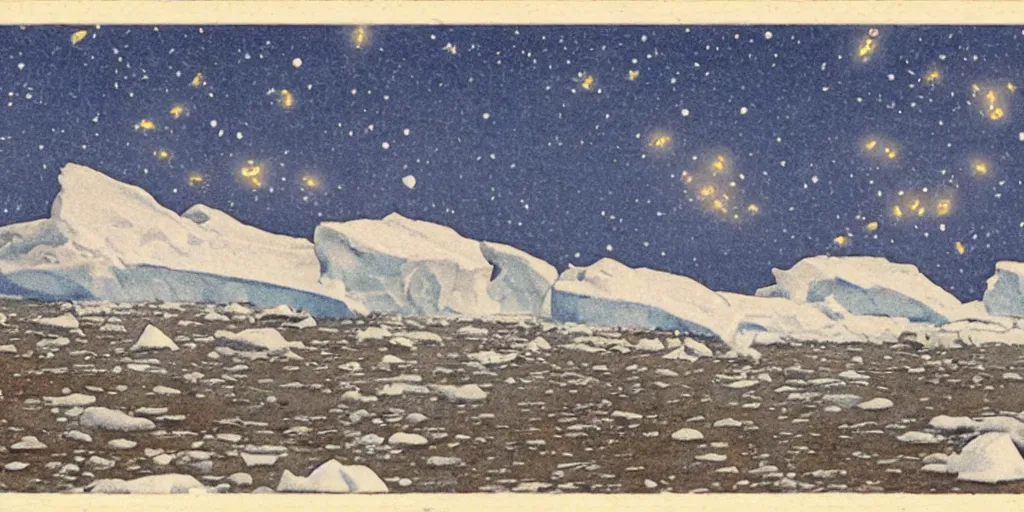 Prompt: postcard cartoon of meteors over Antartica