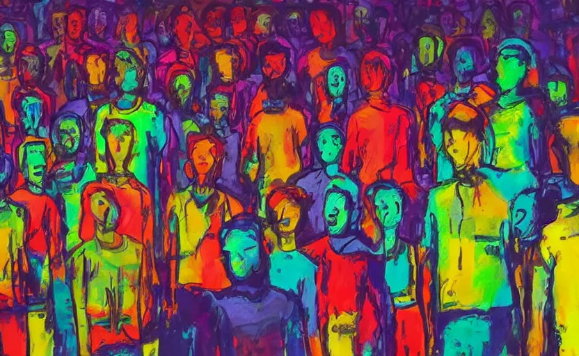 Prompt: colourful and haunting painting of a man standing in a city with his eyes open. 1 0. random people surround him with no eyes. television screens beam out coloured light from the corners of the image to the people with no eyes
