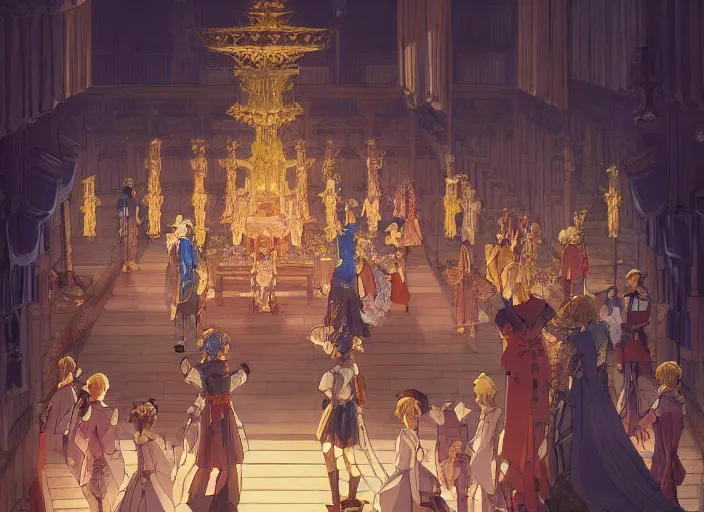 Image similar to key anime visual portrait of a castle's main hall interior with throne, servants, nobles, dynamic pose, dynamic perspective and angle, cinematic, film grain, designed by yoh yoshinari, detailed, intricate, at night, dramatic lighting, costumes by mika pikazo