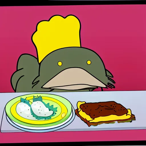 Prompt: cute platypus on a kitchen wearing a chef hat and holding a lasagna into an oven, anime style