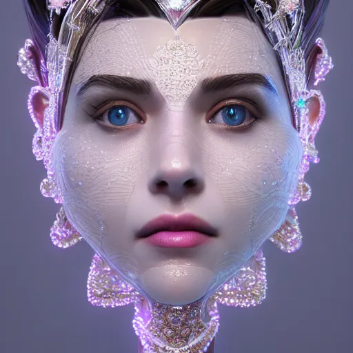 Image similar to portrait of wonderful princess of diamonds with fair skin, ornate, 8 k, gorgeous, intricate, detailed, glowing white accent lighting, dramatic lighting, octane render