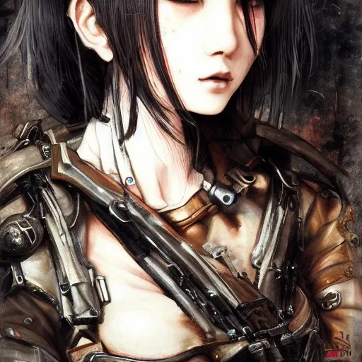 Image similar to portrait of a girl by ayami kojima, mixture between japanese and russian, she is about 2 0 years old, messy black bob hair, very tall and slender, she is wearing a steampunk tactical gear, highly detailed portrait, digital painting, artstation, concept art, smooth, sharp foccus ilustration, artstation hq