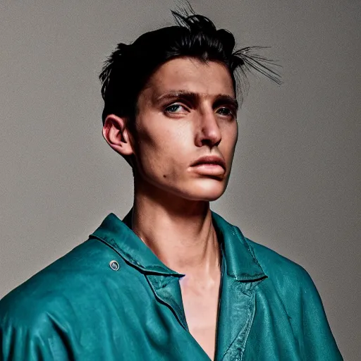 Prompt: an award - winning photo of a male model wearing a baggy teal distressed medieval leather menswear camp collar shirt by issey miyake, 4 k, studio lighting, wide angle lens