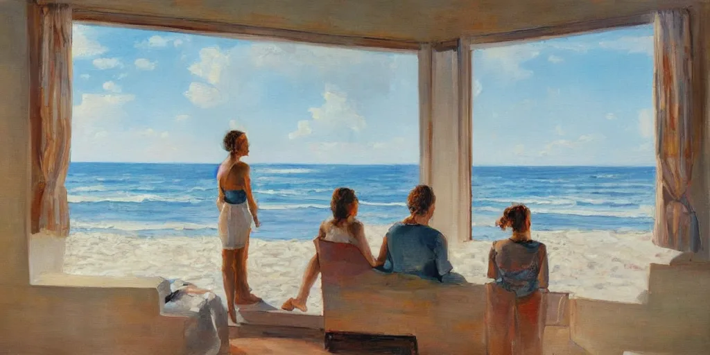 Image similar to a beautiful painting of a man watching the beach view with his wife in their house, oil on canvas