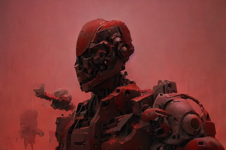 Image similar to mecha soldier 🪖, part by ashley wood, part by zdzislaw beksinski, surreal oil painting, highly detailed, photo realistic, abstract expressionism, red tint, projection mapping, soft illumination, trending on artstation, masterpiece