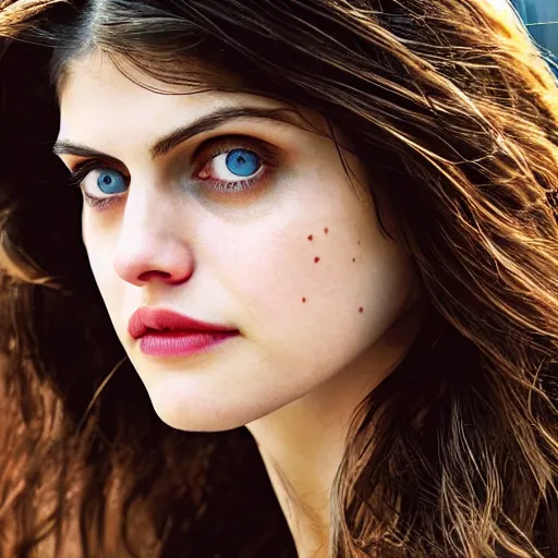 Image similar to closeup portrait of alexandra daddario in a smoky new york back street, photograph, natural light, detailed face, magazine, press, photo, Steve McCurry, David Lazar, CANON Eos C300, ƒ5.6, 50mm