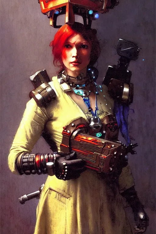 Prompt: full character portrait max mad cyberpunk warhammer 4 0 k, medic sapper not the girl with the pearl earring character design, painting by gaston bussiere, katsuya terada, nc wyeth, greg rutkowski, craig mullins, vermeer, frank frazetta, mucha, tom of finland, trending on artstation, jeffery catherine jones