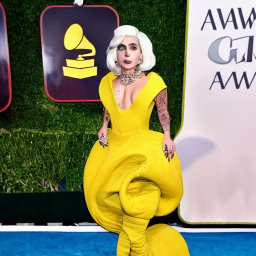 Image similar to full body photo of lady gaga wearing with a banana style dress, award winning