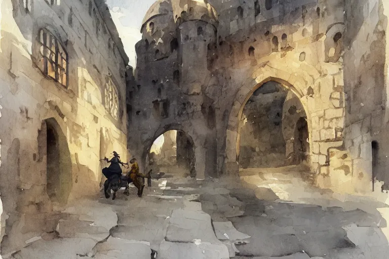 Prompt: small centered on watercolor paper, paint brush strokes, abstract watercolor painting of medieval city wall entrance, rough rock, heavy port, cinematic light, national romanticism by hans dahl, by jesper ejsing, by anders zorn, by greg rutkowski, by greg manchess, by tyler edlin