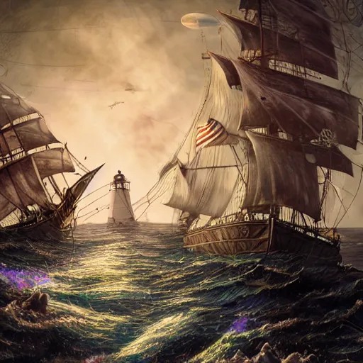 Prompt: pirates sailing the lighthouse in the middle of the galaxy , wide angle shot, diffuse lighting, fantasy, intricate, elegant, highly detailed, lifelike, photorealistic, digital painting, illustration, concept art, smooth, sharp focus, A24!film cinematography