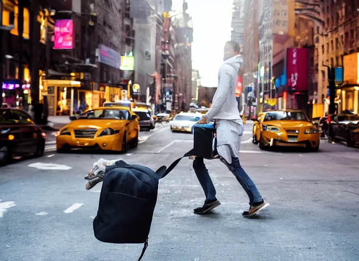 Image similar to photography of a Cat being carried in an half open backpack . in a new york street. award winning photo, led lighting, night, 130mm, sharp, high res